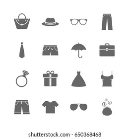Set of Clothes, Accessories and Glasses icons. Shirt, Umbrella and Hat signs. Wallet, Handbag and Briefcase symbols. Isolated flat icons set on white background. Vector