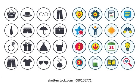 Set of Clothes, Accessories and Glasses icons. Shirt, Umbrella and Hat signs. Wallet, Handbag and Briefcase symbols. Calendar, Report and Book signs. Stars, Service and Download icons. Vector