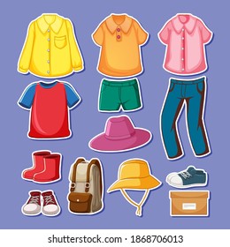Set of clothes with accessories isolated on purple background illustration
