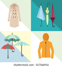 Set of clothes and accessories for the rainy weather. Umbrella, coat, jacket.