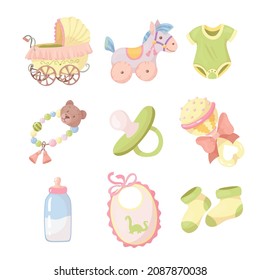 A set of clothes and accessories for small children. Rattles for newborns. Goods for kids. Vector illustration isolated on white background.
