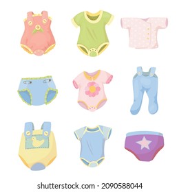A set of clothes and accessories for small children. Rattles for newborns. Goods for kids. Vector illustration isolated on white background.