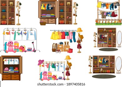 Set of clothes, accessories and wardrobe isolated on white background illustration