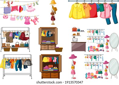 Set of clothes, accessories and wardrobe isolated on white background illustration