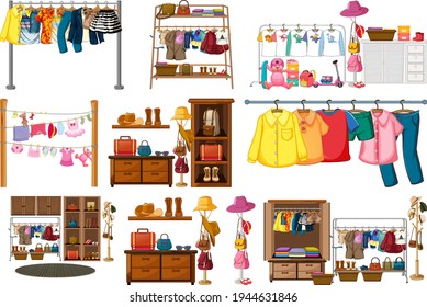 Set of clothes, accessories and wardrobe isolated on white background illustration