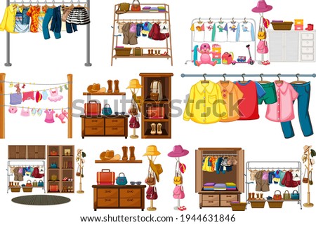 Set of clothes, accessories and wardrobe isolated on white background illustration