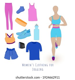 Set of clothes and accessories for women's summer jogging. Flat Vector Illustration.