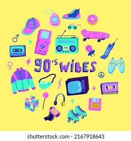 A set of clothes and appliances in the style of the 90s. Nostalgia, neon, bright colors, grunge. Flat vector illustration