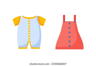 Set of clothes for babies concept. White rompers and red dress. Comfortable clothes for hot weather and summer season. Cartoon flat vector collection isolated on white background