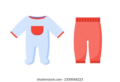 Set of clothes for babies concept. White rompers and red pants. Cotton and textile production. Poster or banner for website. Cartoon flat vector collection isolated on white background