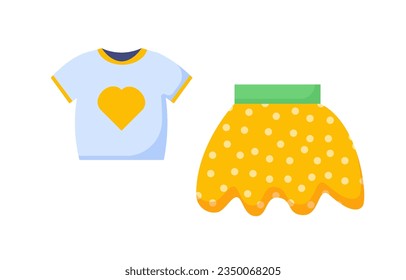 Set of clothes for babies concept. Yellow skirt and white tshirt with heart. Summer clothes for hot weather. Template, layout and mock up. Cartoon flat vector collection isolated on white background