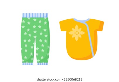Set of clothes for babies concept. Yellow tshirt and green pants. Comfort and coziness. Sticker for social networks and messengers. Cartoon flat vector collection isolated on white background