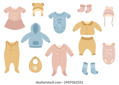 A set of clothes for babies. Fashionable clothes for girls and boys. Vector illustration.