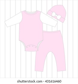 Set of clothes for a baby girl. Pants, body and cap with bow, pale pink color.
Isolated image on white striped background.