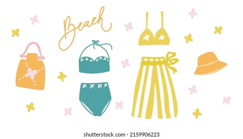 Set of clothes for the beach. Flat colourful vector illustration. Swimsuit, beach bag, panama, summer suit. Clip art collection.