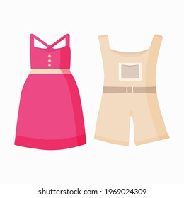 A set of clothes, a beige jumpsuit and a red sundress on a white background for web design