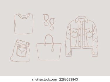 Set of clothes blouse, earrings, pants, jeans, bag, jacket for woman modern spring look in hand drawing style on beige background.