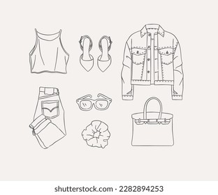 Set von Kleidungsbluse, Schuhe, Jacke, Jeans, Hose, Brille, Haarnadelbeutel, Tasche für Frauen moderne Look in handgezeichnet Stil auf hellem Hintergrund.