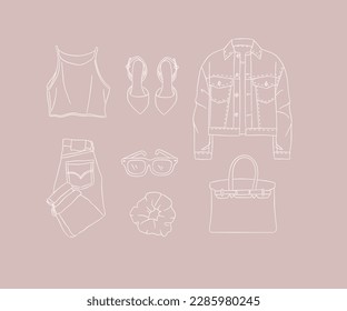 Set of clothes blouse, shoes, jacket, jeans, pants, glasses, hairpin, bag for women modern look in hand drawing style on peach background.