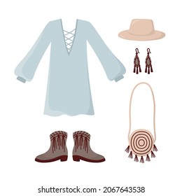 A set of clothes in the boho style, a fashionable female outfit. A set of different elements, hat, bag, shoes, earrings, dress
