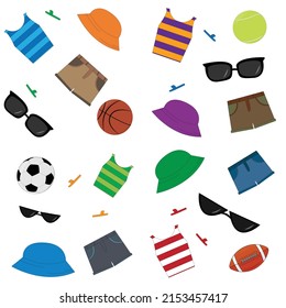 A set of clothes for a boy for the summer: shorts, panama, t-shirt, sunglasses, flip flops
