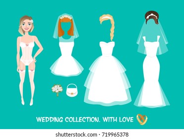 Set of clothes for the bride in cartoon style. Stylish female image for wedding. Creating woman character.