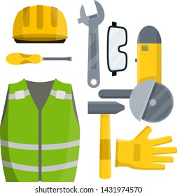 Set of clothes Builder and worker. Green vest, helmet, glasses, gloves. Grinder, screwdriver, hammer, wrench. Repair and maintenance. Safety and tools. Cartoon flat illustration
