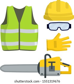 Set of clothes Builder and worker. Green vest, helmet, glasses, gloves. Repair and maintenance. Safety and tools for cutting trees. Cartoon flat illustration. Chainsaw of lumberjack