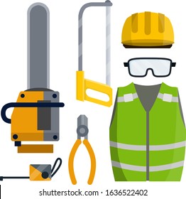 Set of clothes Builder and worker. Repair and maintenance. Safety and tools for cutting trees. Cartoon flat illustration. Chainsaw of lumberjack and Hacksaw. Green vest, helmet, glasses, gloves