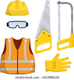Set of clothes Builder and worker. Yellow vest, helmet, glasses, gloves. jigsaw and saw of lumberjack. Repair and maintenance. Safety and tools for cutting trees. Cartoon flat illustration