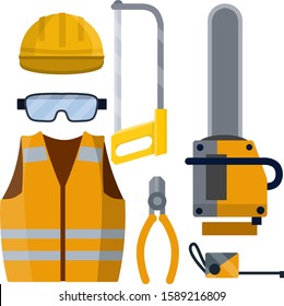 Set of clothes Builder and worker. Yellow vest, helmet, glasses, gloves. Repair and maintenance. Safety and tools for cutting trees. Cartoon flat illustration. Chainsaw of lumberjack and Hacksaw