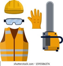 Set of clothes Builder and worker. Yellow vest, helmet, glasses, gloves. Repair and maintenance. Safety and tools for cutting trees. Cartoon flat illustration. Chainsaw of lumberjack