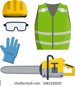 Set of clothes Builder and worker. Yellow vest, helmet, glasses, gloves. Cartoon flat illustration. Chainsaw of lumberjack. Repair and maintenance. Safety and tools for cutting trees