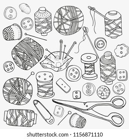 Set of Clothes buttons, needles, thread, pins, scissors. Hand-drawn decorative elements in vector. Black and white pattern for coloring book.