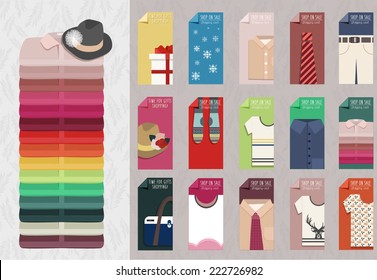 Set of clothes cards, and elements for price discount. T-shirts, shirts, pants, bag, hat and other wearable symbols for prints, banners, web and mobile apps.