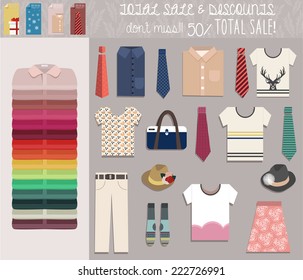 Set of clothes cards, and elements for price discount. T-shirts, shirts, pants, bag, hat and other wearable symbols for prints, banners, web and mobile apps.