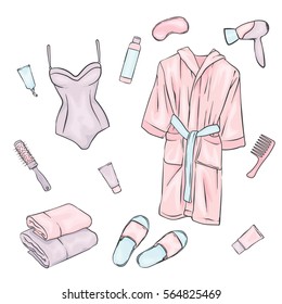A set of clothes and care facilities for spa treatments. Bathrobe, bathing suit, tubes of cream and scrub, hair dryer and a comb. Slippers. Vector illustration.
