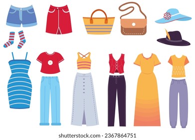 Set of clothes in cartoon design. Women's clothing for every taste can be found in this illustration with a bright design, both an elegant dress and jeans. Vector illustration.