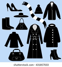 Set of clothes: coat, raincoat, shoes, hat, scarf, boots and bag in striped background.