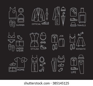 Set of clothes complect in flat style drawing with white lines on black background