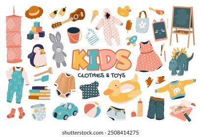 Set of clothes, cute plush and plastic toys for kids. Clothing, chalkboard, car, shoes, tablet, books, musical instruments for preschool boys and girls. Isolated flat vector illustrations on white.