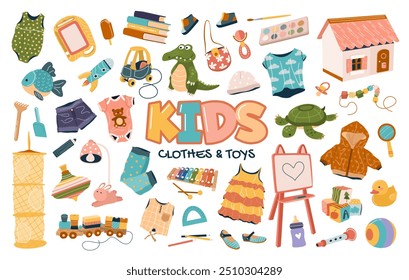 Conjunto de roupas, pelúcia bonito e brinquedos de plástico para crianças. Roupas, quadro-negro, carro, sapatos, tablet, livros, instrumentos musicais para meninos e meninas pré-escolares. Ilustrações isoladas de vetor plano em branco.