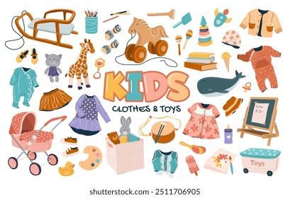 Conjunto de roupas, pelúcia bonito e brinquedos de plástico para crianças. Roupas, quadro-negro, carro, sapatos, carrinho de bebê, livros, instrumentos musicais para meninos e meninas pré-escolares. Ilustrações isoladas de vetor plano em branco.