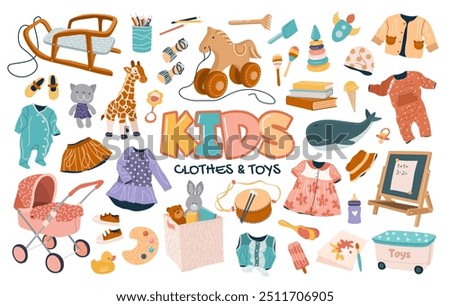 Set of clothes, cute plush and plastic toys for kids. Clothing, chalkboard, car, shoes, pram, books, musical instruments for preschool boys and girls. Isolated flat vector illustrations on white.