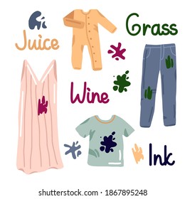 
A set of clothes with different stains: stains from wine, juice, grass. Jeans, dress, shirt and children's clothing