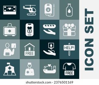 Set Clothes donation, Help sign, Gift box, Blood, Donation and charity, First aid kit,  and food icon. Vector