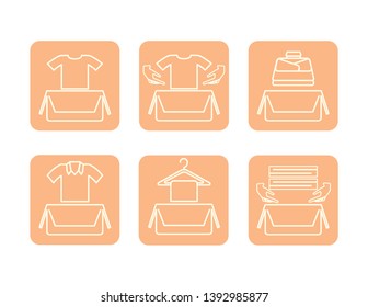 Set of clothes donation icons. One color palette. Clothes donation and mindful living. Ergonomic lifestyle.