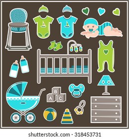 Set of clothes, furniture and items to care for a little boy. Vector illustration