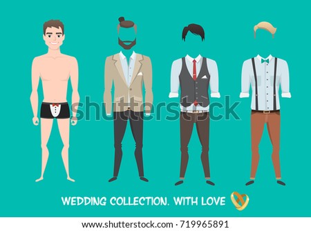 Set of clothes for the groom in cartoon style. Stylish male image for wedding. Creator man character.