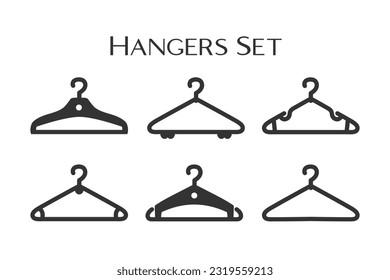 Set of clothes hanger icons isolated on white background. Vector illustration. Outline silhouette pictogram. Hang for suit, coat, dress. Wooden and plastic equipment. Wardrobe sign symbol collection